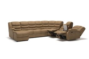 Фото Top concept Ridberg диван-кровать угловой с шезлонгом, двумя реклайнерами и баром, замша бежевый